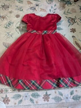 Blueberi Boulevard Red Holiday Dress with Plaid Trim